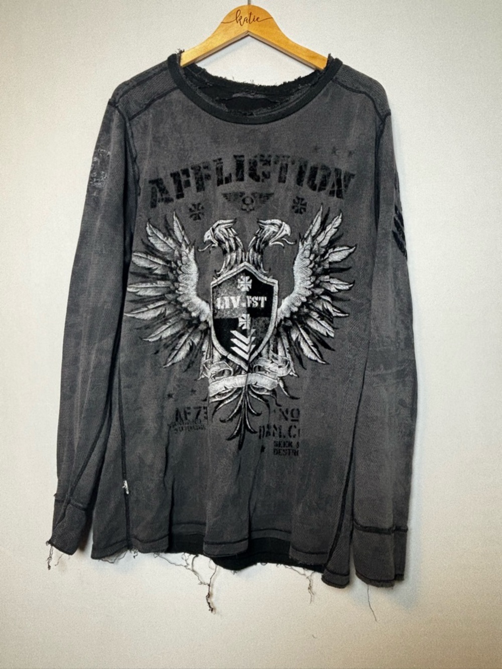 Affliction Shirt Mens Black Gray Thermal Waffle Knit Reversible Grunge Y2K VTG
